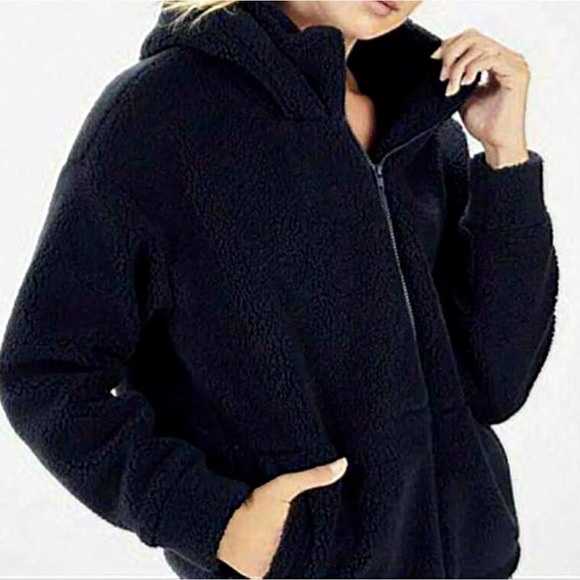 Fabletics Hoodie Womens Large Black Full Zip Sherpa Fleece Shacket Pockets Cozy - Picture 1 of 12